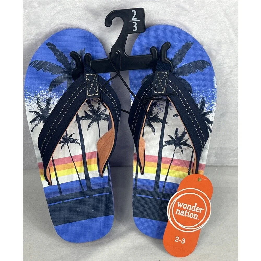 Wonder Nation Palm Tree Design Flip Flops Unisex Boys Girls Blue Size 6 NEW